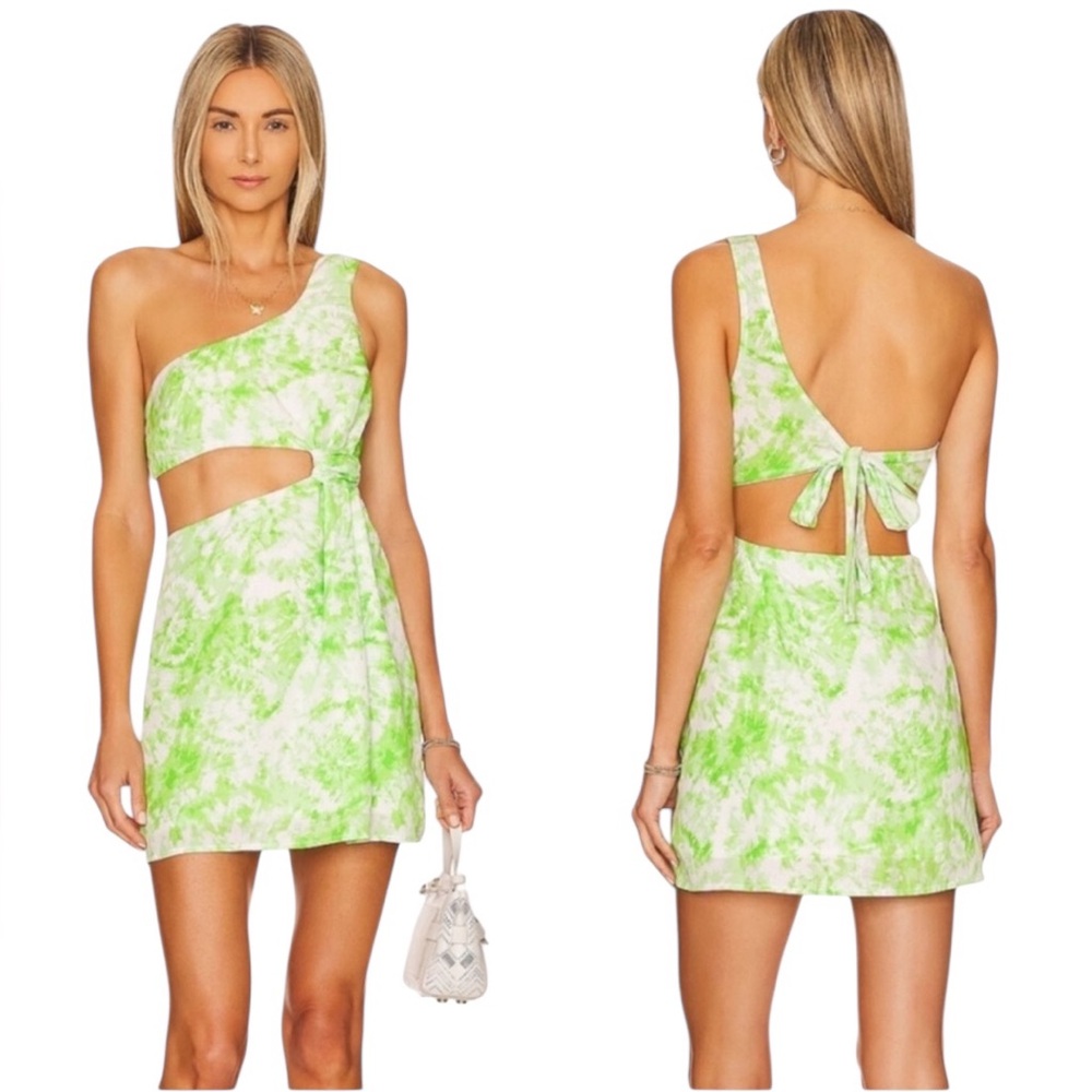 For Love and Lemons Devon Mini Dress Lime Green White Tye-Die Large Bamboo Xs